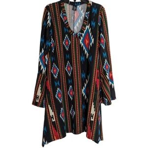WinWin Flare Bottom Tunic Dress Women's L-XL Black Aztec Print Long Sleeve